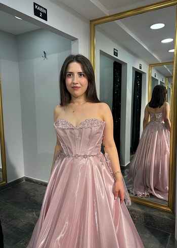 36 Beden Pudra Pembe Straplez Uzun Nişan Elbisesi