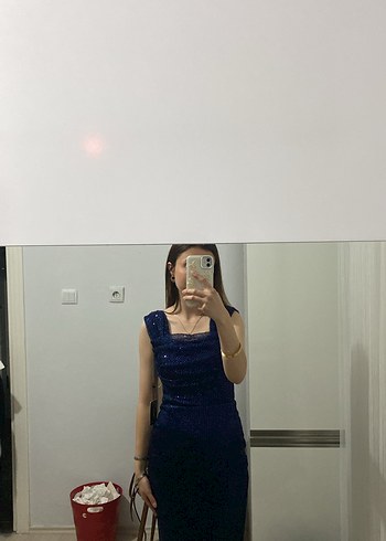 Abiye Lacivert pul işlemeli Midi Abiye Elbise
