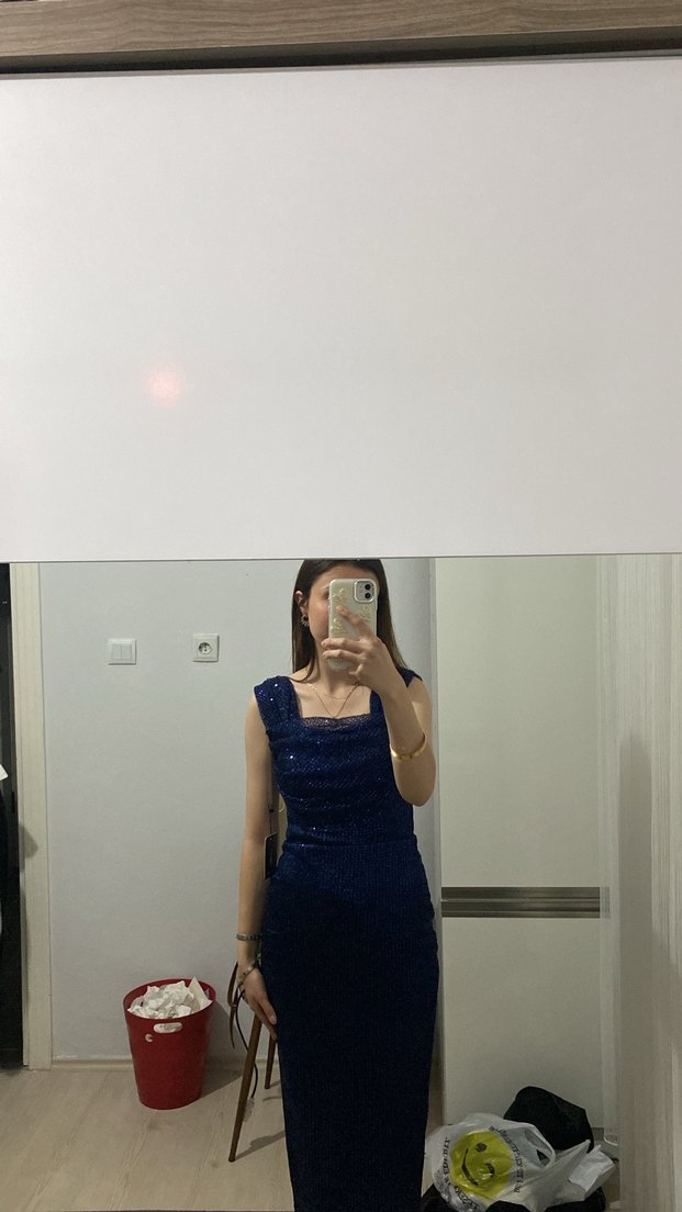 Lacivert pul işlemeli Midi Abiye Elbise - Görsel 2