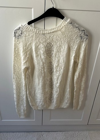 Beyaz Bohem Örgü Kadın Kazak - Görsel 4