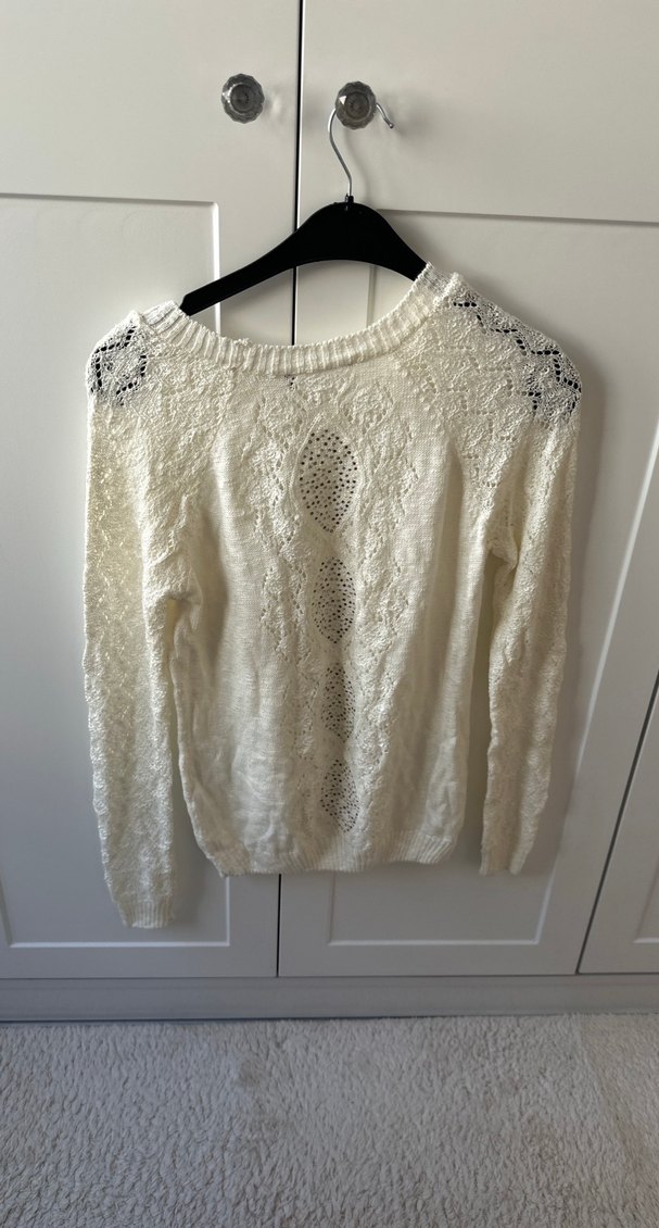 Beyaz Bohem Örgü Kadın Kazak - Görsel 4