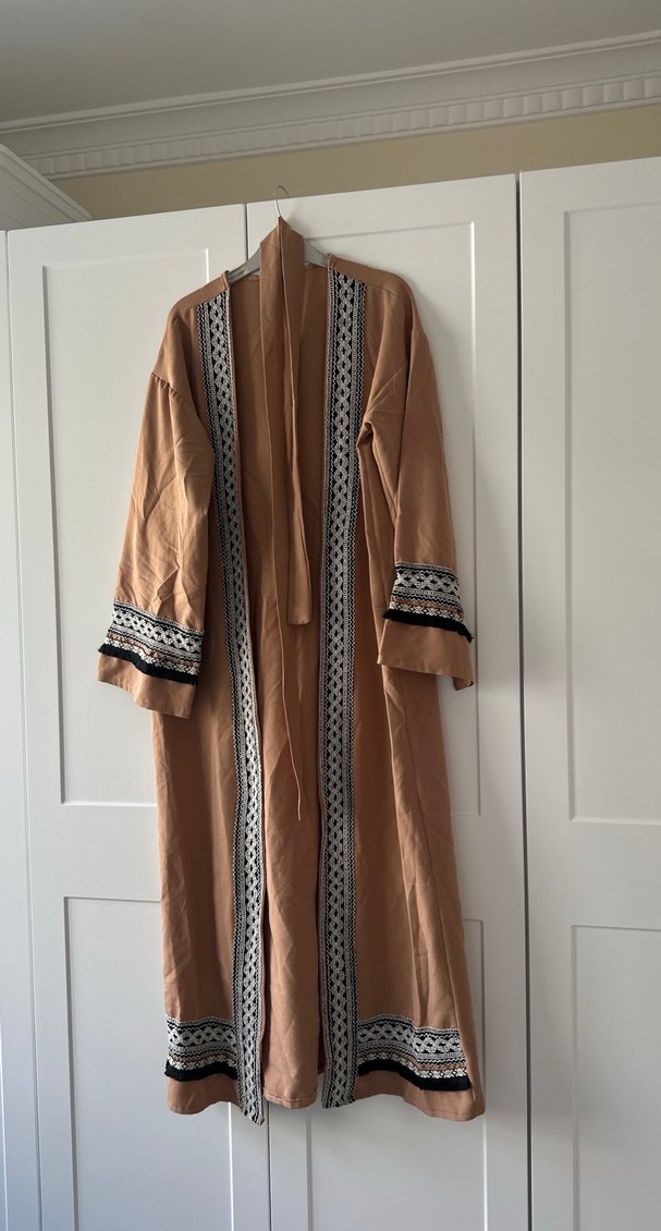 Bej Nakışlı Uzun Bohem Kimono - Görsel 2