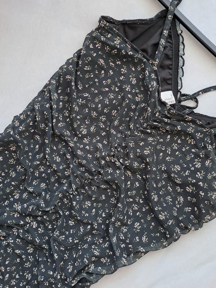 Drapeli V Yaka Siyah Mini Elbise - Görsel 3