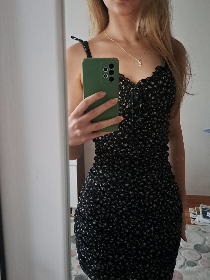 Siyah Mini cicekli  Elbise - Görsel 2