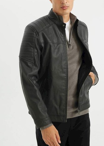 s Beden Defacto Marka Siyah Deri Ceket, Slim Fit S Beden