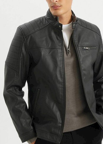 Defacto Marka Siyah Deri Ceket, Slim Fit S Beden