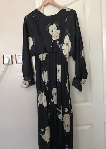 Uzun Siyah Çiçekli Bohem Elbise - Görsel 2