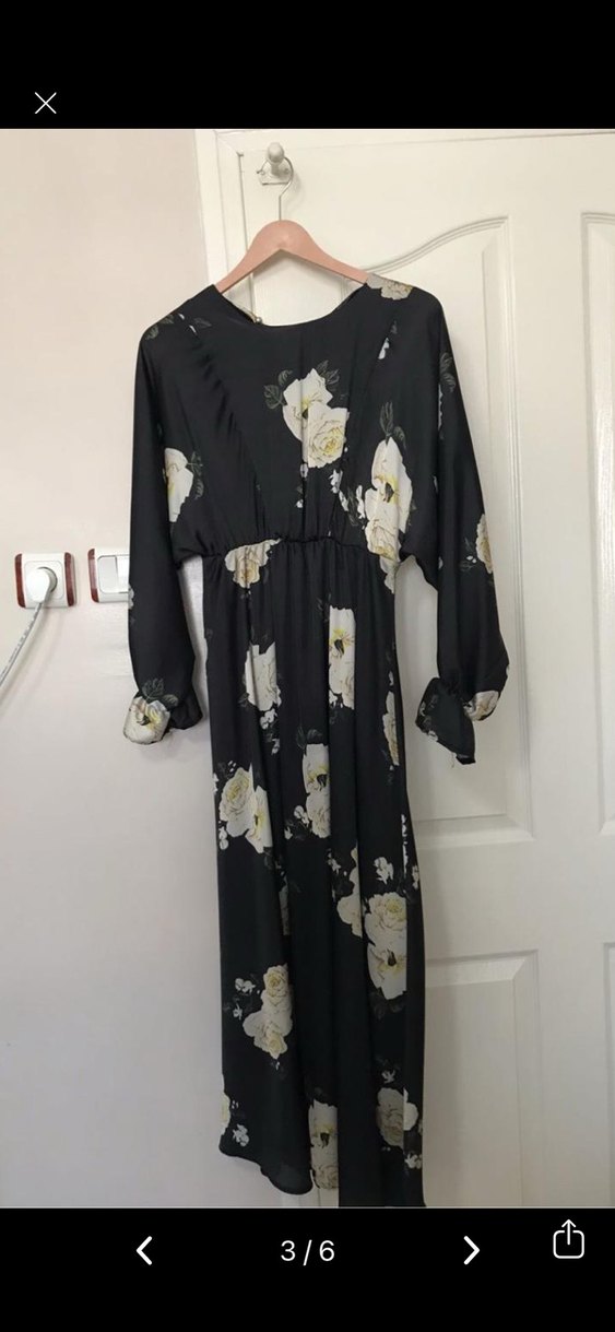 Uzun Siyah Çiçekli Bohem Elbise - Görsel 2