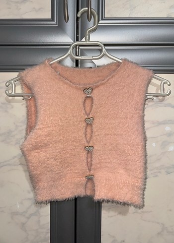 Pembe Kürklü V Yaka Kısa Crop Top - Görsel 2
