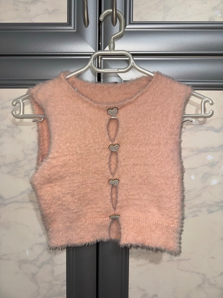 Pembe Kürklü V Yaka Kısa Crop Top - Görsel 2