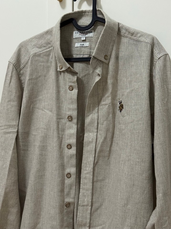 Bej Keten Erkek Gömlek, Düğmeli, Uzun Kollu - Görsel 2