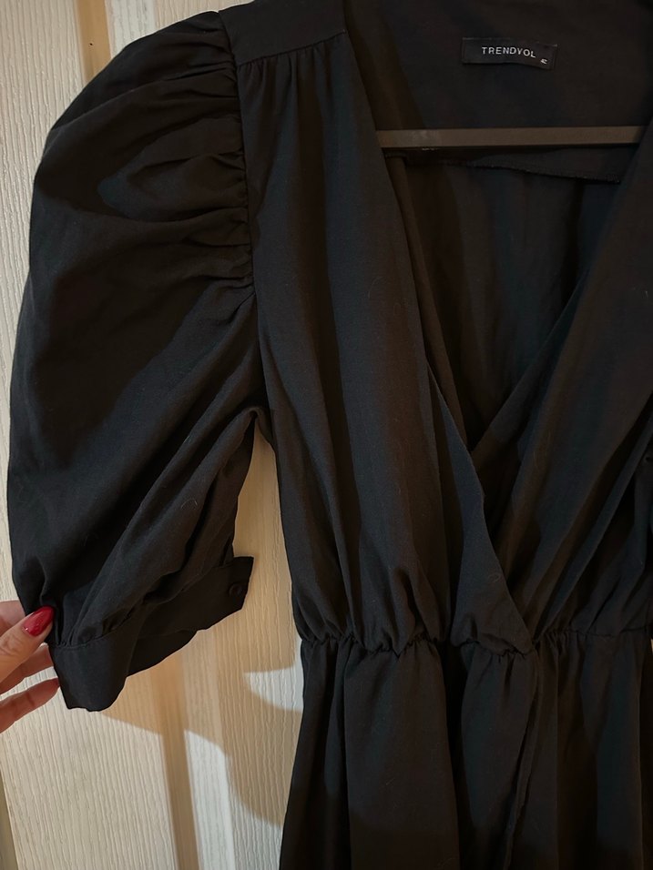 Siyah V Yakalı Drapeli Gömlek Elbise - Görsel 3