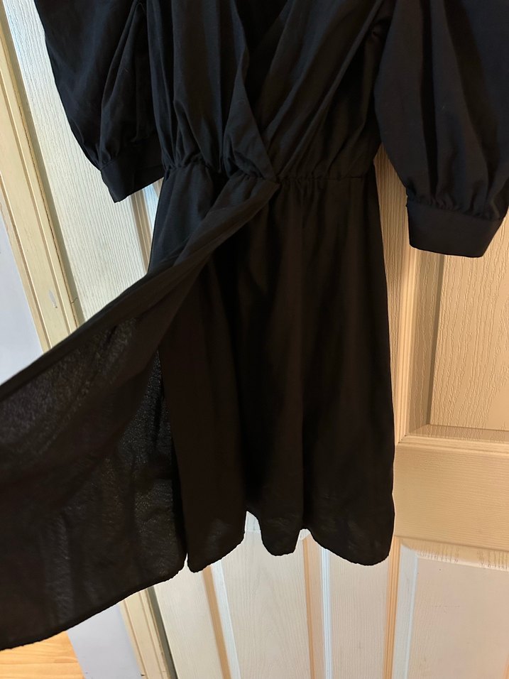 Siyah V Yakalı Drapeli Gömlek Elbise - Görsel 5