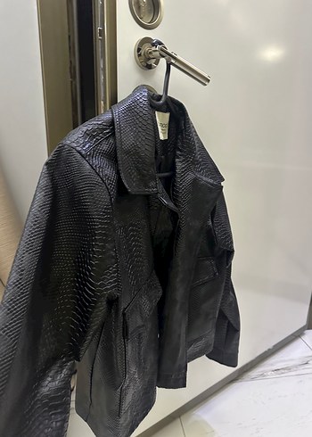 Yılan Desenli Siyah Deri Kadın Biker Ceket S/M uyumlu