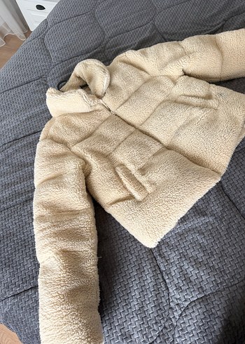 Bej Kadın Peluş Kaban Yüksek Yaka mont - Görsel 2