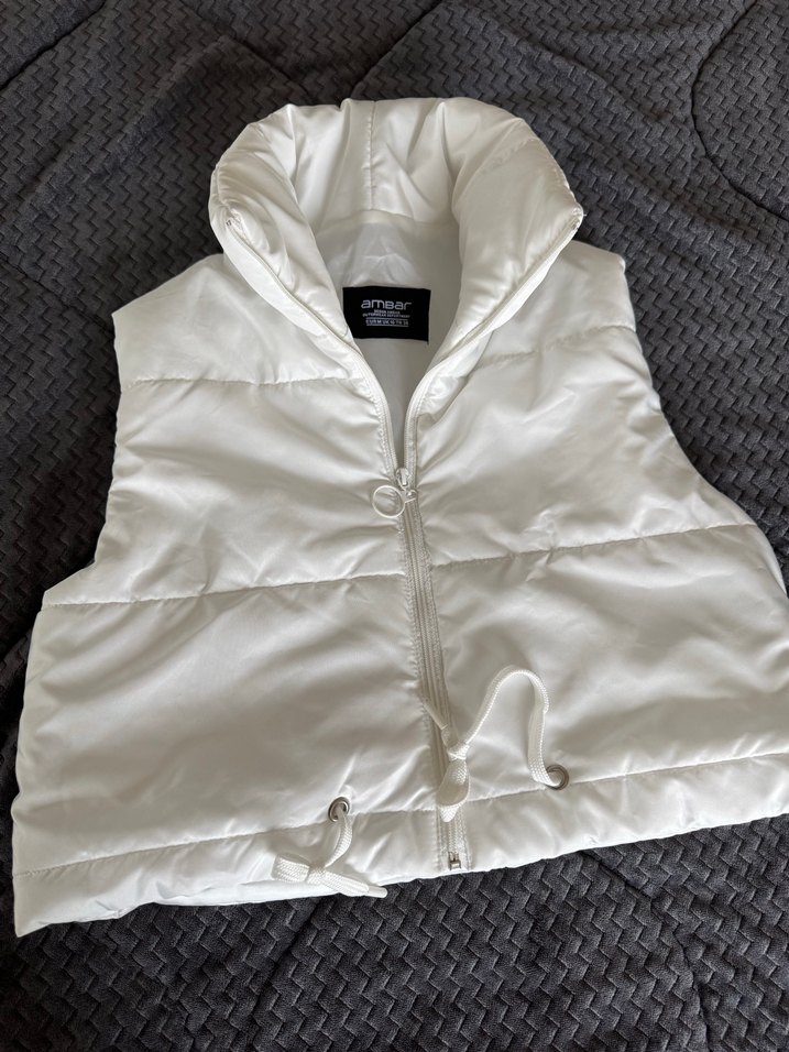 Beyaz Yüksek Yaka Fermuarlı Kadın şişme Yelek - Görsel 2