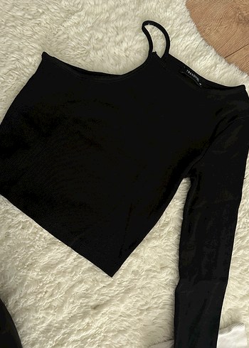 s Beden Siyah Kürklü Uzun Kollu Crop Top