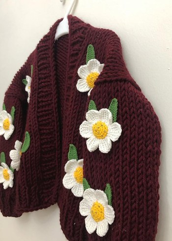 Nakışlı Bordo Örgü Bohem Hırka - Görsel 2