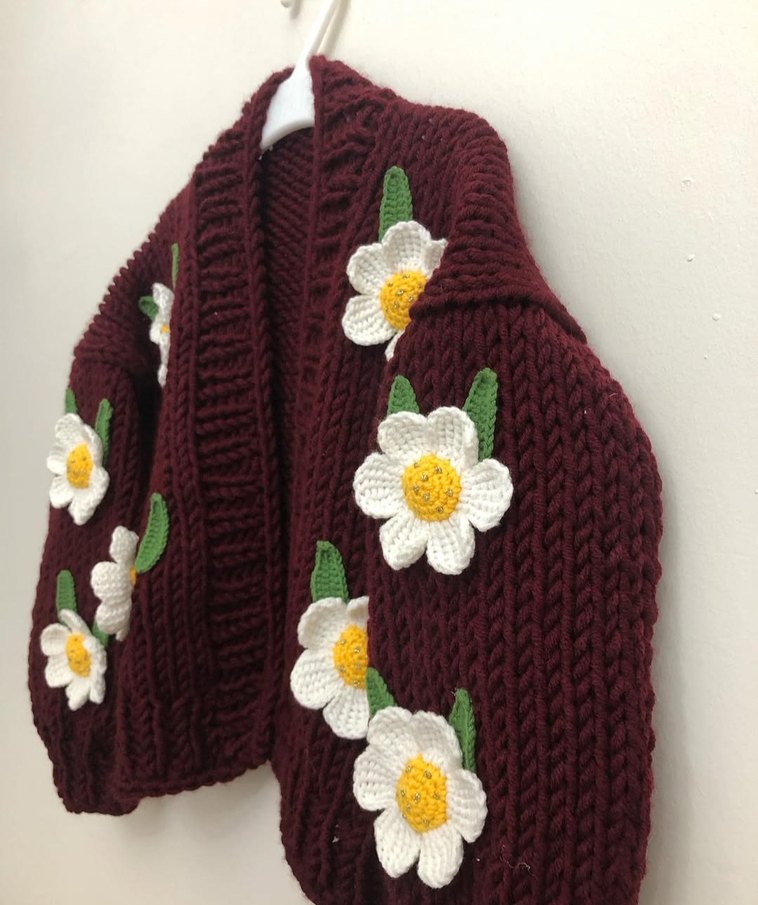 Nakışlı Bordo Örgü Bohem Hırka - Görsel 2