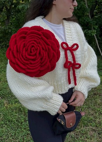 Kadın Bohem Örgü Hırka, Uzun Kollu, Beyaz - Görsel 5