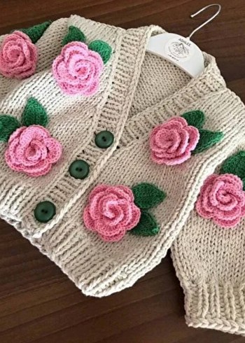 Nakışlı Pembe Çiçekli Kız Triko Hırka - Görsel 2