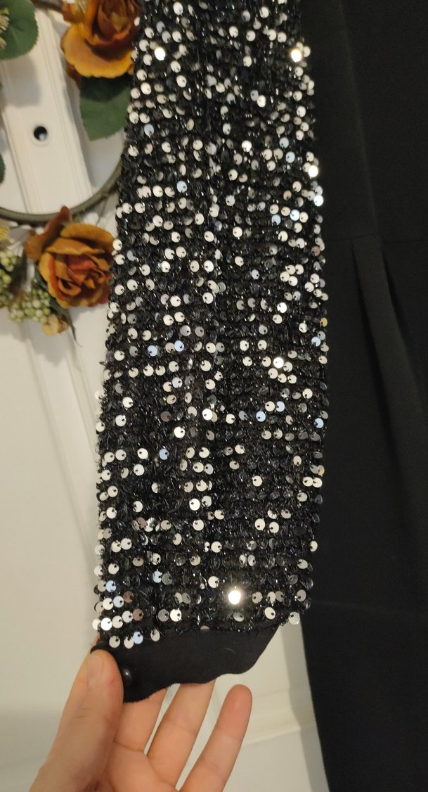 Uzun Kollu Siyah Payetli Uzun Elbise - Görsel 4