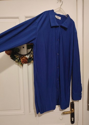 Mavi Pilili Uzun Kollu Kadın Gömlek - Görsel 3