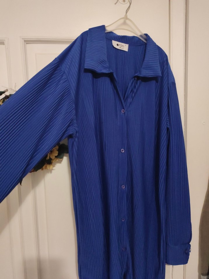 Mavi Pilili Uzun Kollu Kadın Gömlek - Görsel 2