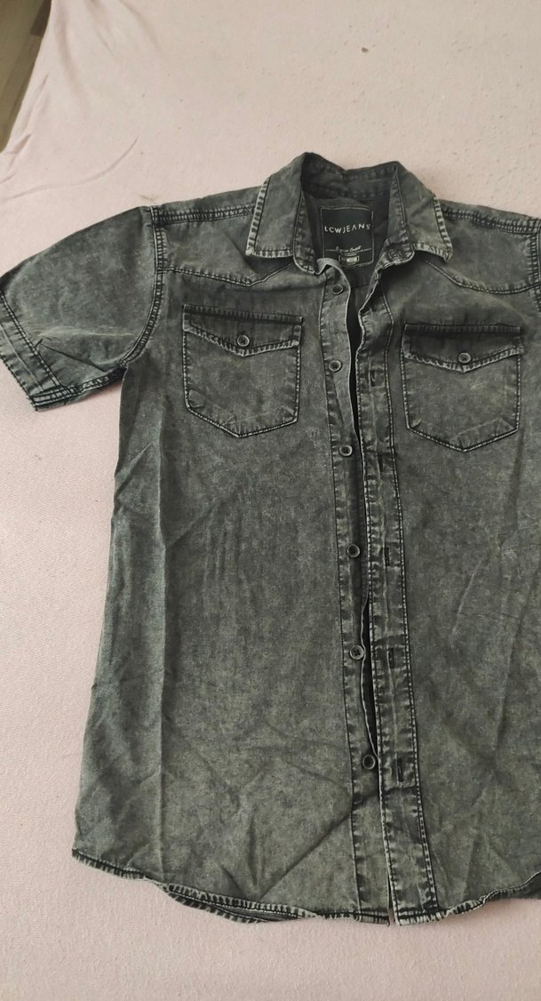 Gri Kısa Kollu Denim Erkek Gömlek - Görsel 2