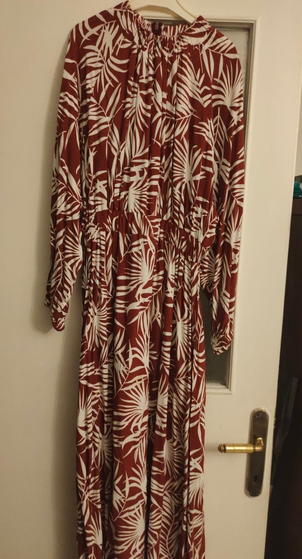 Kırmızı Baskılı Uzun pamuklu viskon kumaş yazlık elbise - Görsel 2