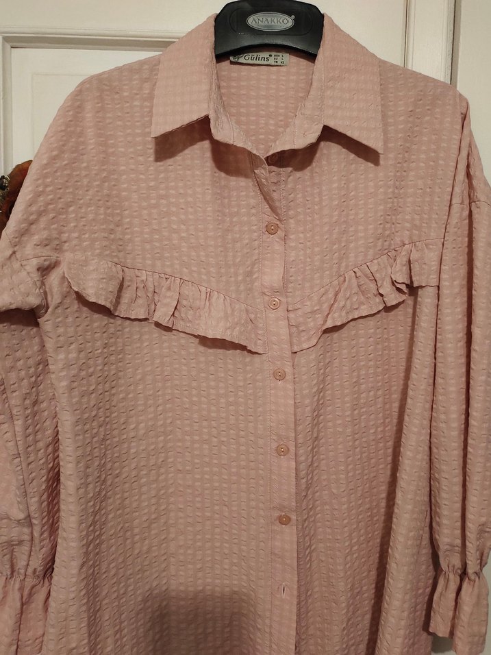 Pembe Keten Fırfırlı Uzun Kollu Gömlek - Görsel 2