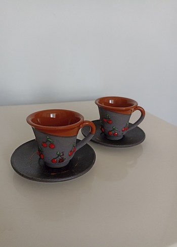 Kiraz desenli gri fincan seti