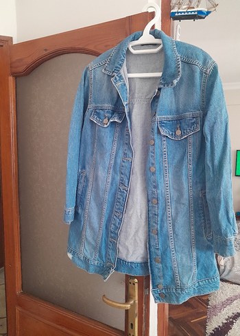 Kadın Mavi Midi Boy Düğmeli Jean Ceket
