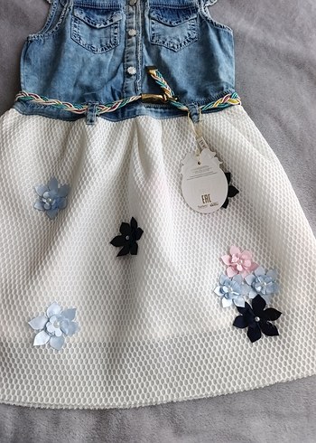 Diğer Kız Çocuk Nakışlı Denim ve Beyaz Elbise
