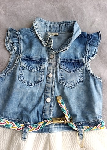 6 Yaş Beden Kız Çocuk Nakışlı Denim ve Beyaz Elbise