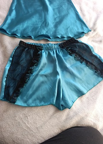 m Beden Kısa Mavi Dantel Detaylı Kadın Pijama Takımı