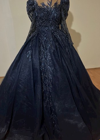 Boncuk İşlemeli Lacivert Uzun Abiye Elbise - Görsel 3