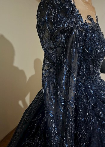 Boncuk İşlemeli Lacivert Uzun Abiye Elbise - Görsel 2