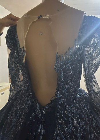 Boncuk İşlemeli Lacivert Uzun Abiye Elbise - Görsel 4