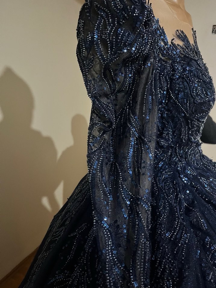 Boncuk İşlemeli Lacivert Uzun Abiye Elbise - Görsel 2