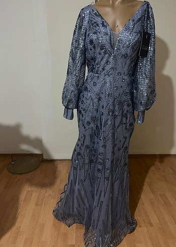 Uzun Kollu V Yakalı Gri Payetli Abiye Elbise - Görsel 3