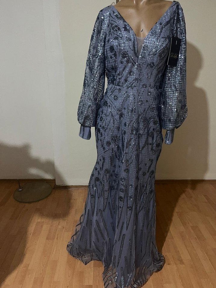 Uzun Kollu V Yakalı Gri Payetli Abiye Elbise - Görsel 3