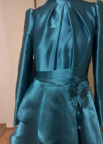 Turkuaz Uzun Kollu Drapeli Kadın Abiye Elbise - Görsel 3