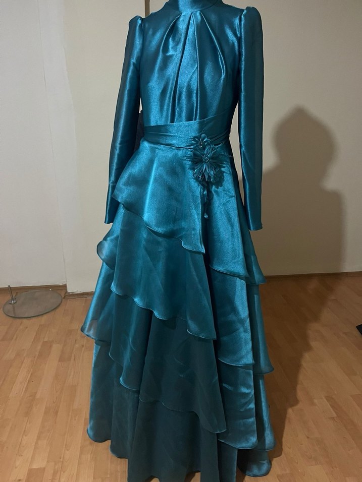 Turkuaz Uzun Kollu Drapeli Kadın Abiye Elbise - Görsel 2