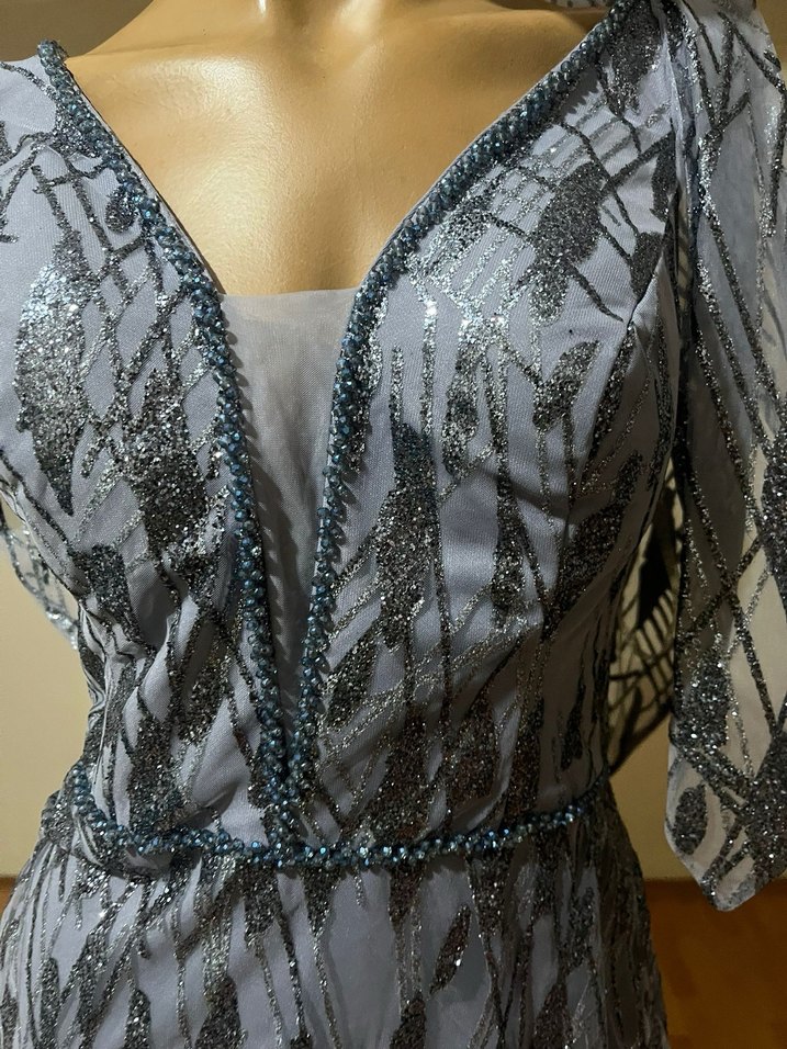 Drapeli V Yaka Uzun Gri Kadın Abiye Elbise - Görsel 4