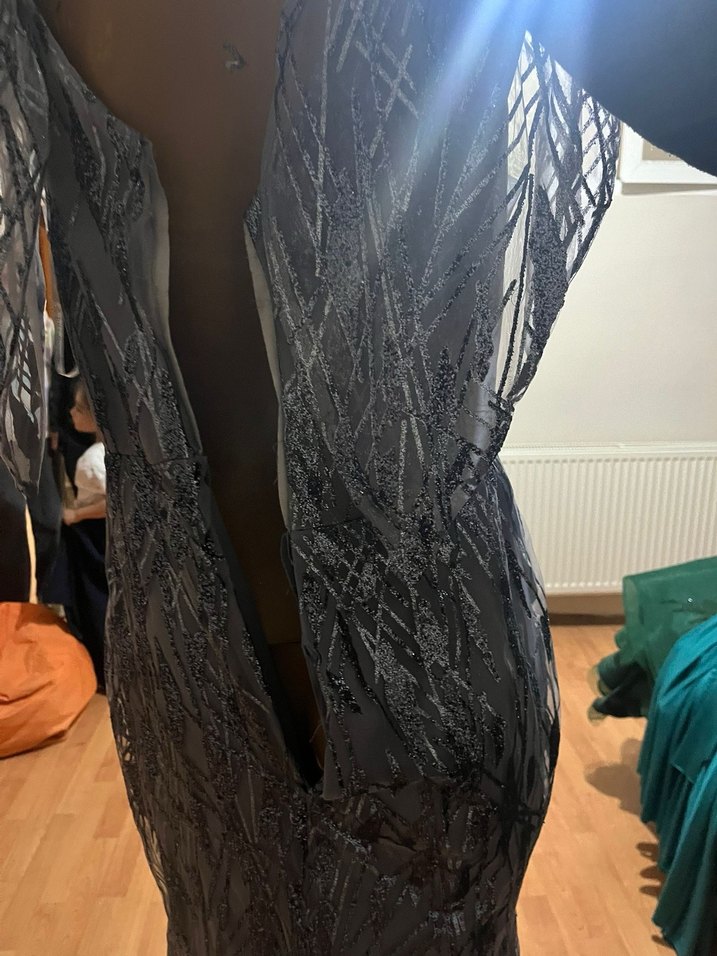 Drapeli V Yaka Uzun Gri Kadın Abiye Elbise - Görsel 2