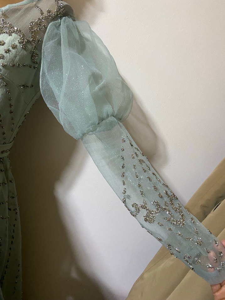 Boncuk İşlemeli Turkuaz Uzun Abiye Elbise - Görsel 3