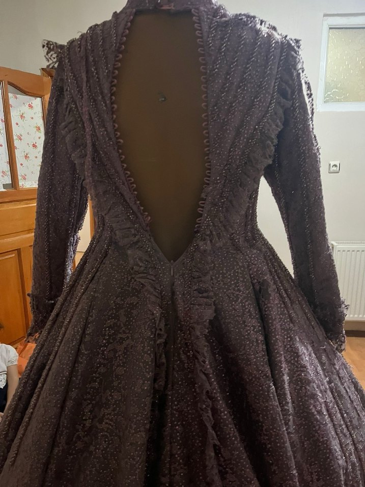 Gül kurusu İşlemeli Drapeli Uzun Kollu Kadın Gelinlik - Görsel 4