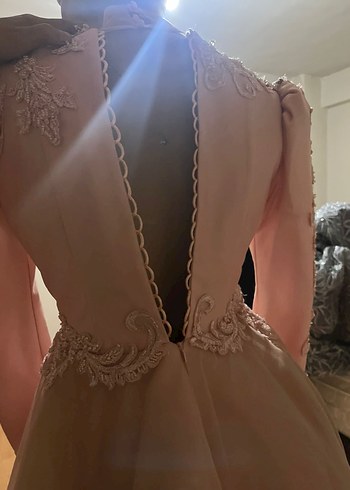 Pembe Vintage Dantel Uzun Kollu Nişan Elbisesi - Görsel 2