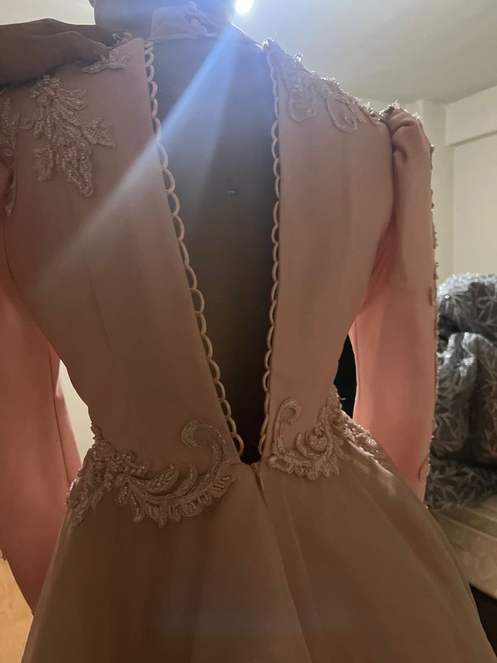 Pembe Vintage Dantel Uzun Kollu Nişan Elbisesi - Görsel 2